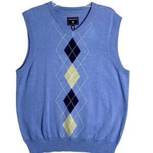 Saddlebred New Sleeveless Sweater Vest Golf Size M Pullover Cotton Blue Argyle